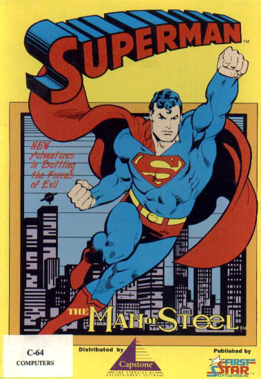 Superman Man of Steel box art for Commodore 64
